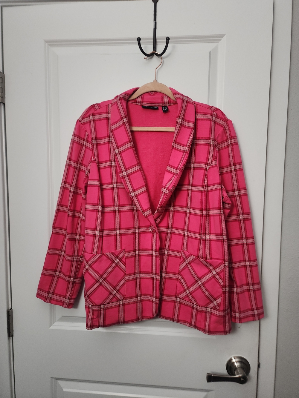 Susan Graver Weekend Pink Plaid Knit Blazer Jacket